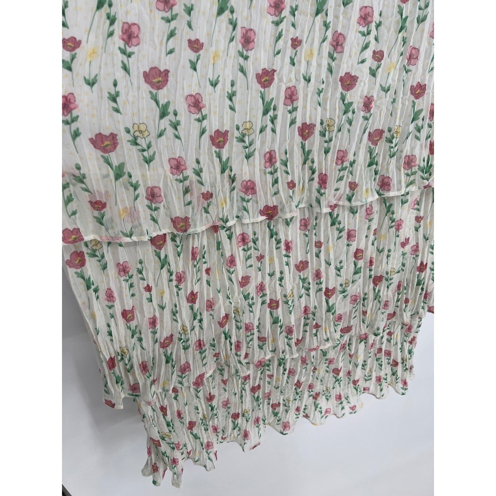 UMGEE Floral Tiered Maxi Skirt Women L White Pink Pleated Lined Chiffon Cottage - Picture 2 of 8
